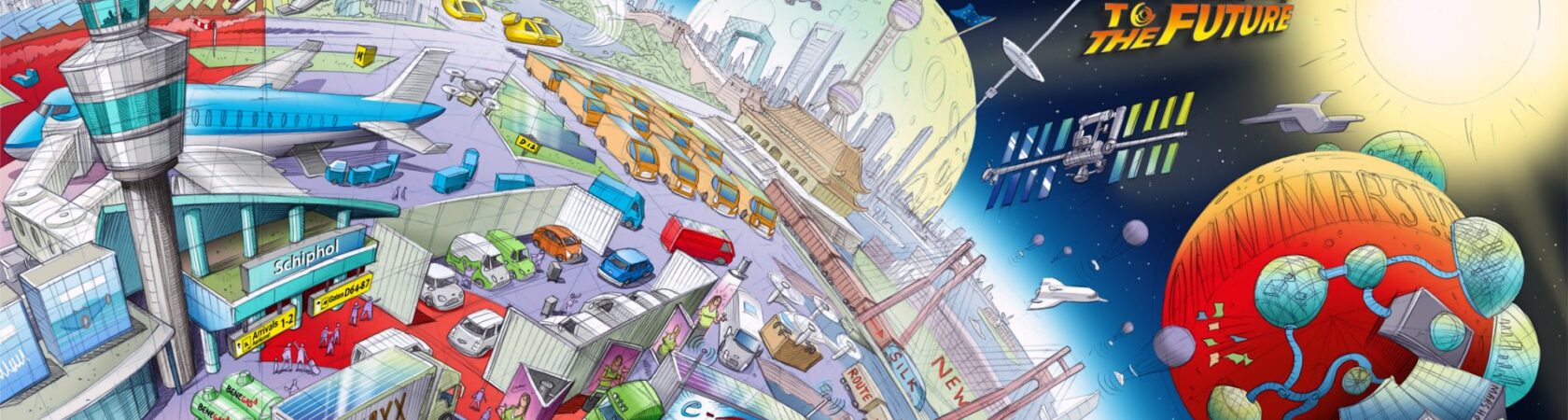 Illustratieve weergave van een futuristisch transportsysteem en stad in levendige kleuren.
