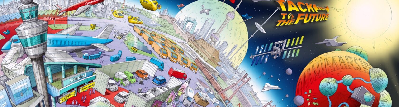 Een kleurrijke illustratie van een futuristische luchthaven en ruimtevaartscene met een kosmisch landschap.