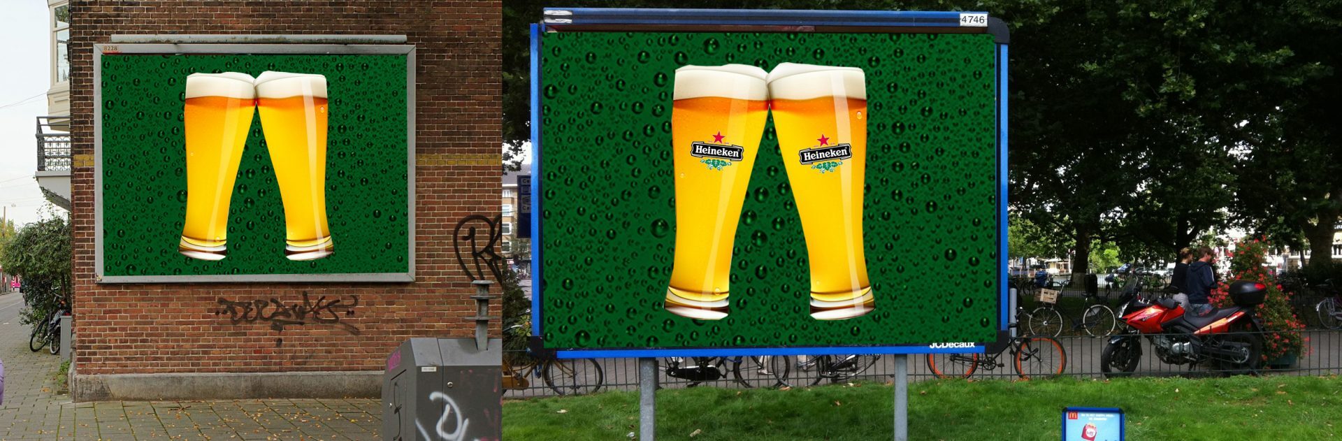 Twee Heineken-bierglazen op groene achtergrond, afgebeeld op reclameborden in een stedelijke omgeving.
