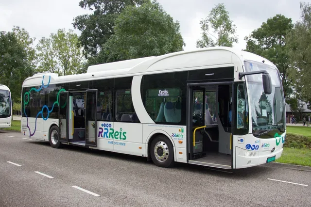 Een witte RRRReis bus geparkeerd langs een weg met open deuren en omliggende bomen.