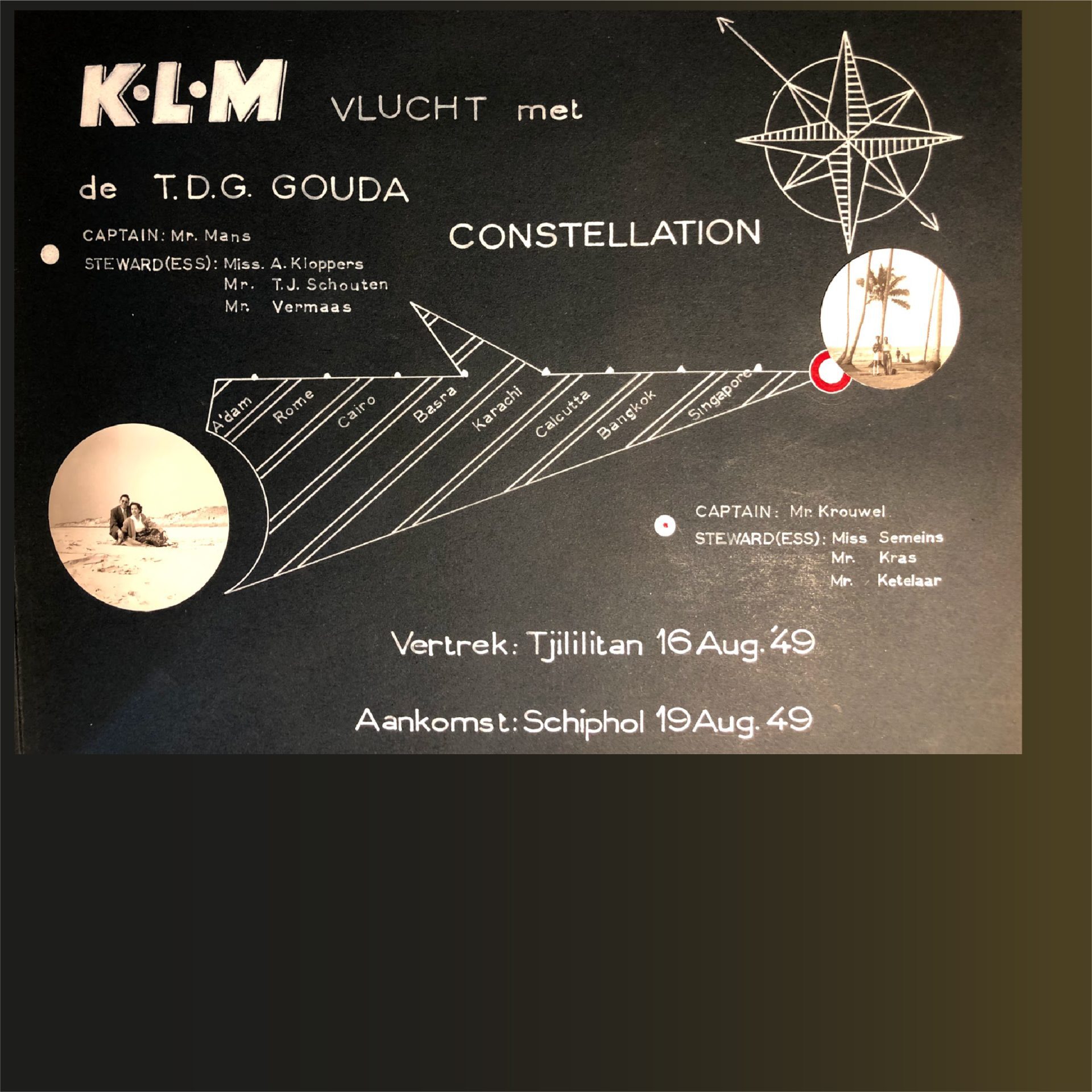 Promotieposter van een KLM-vlucht T.D.G. Gouda met bestemmingen en bemanningsinformatie.