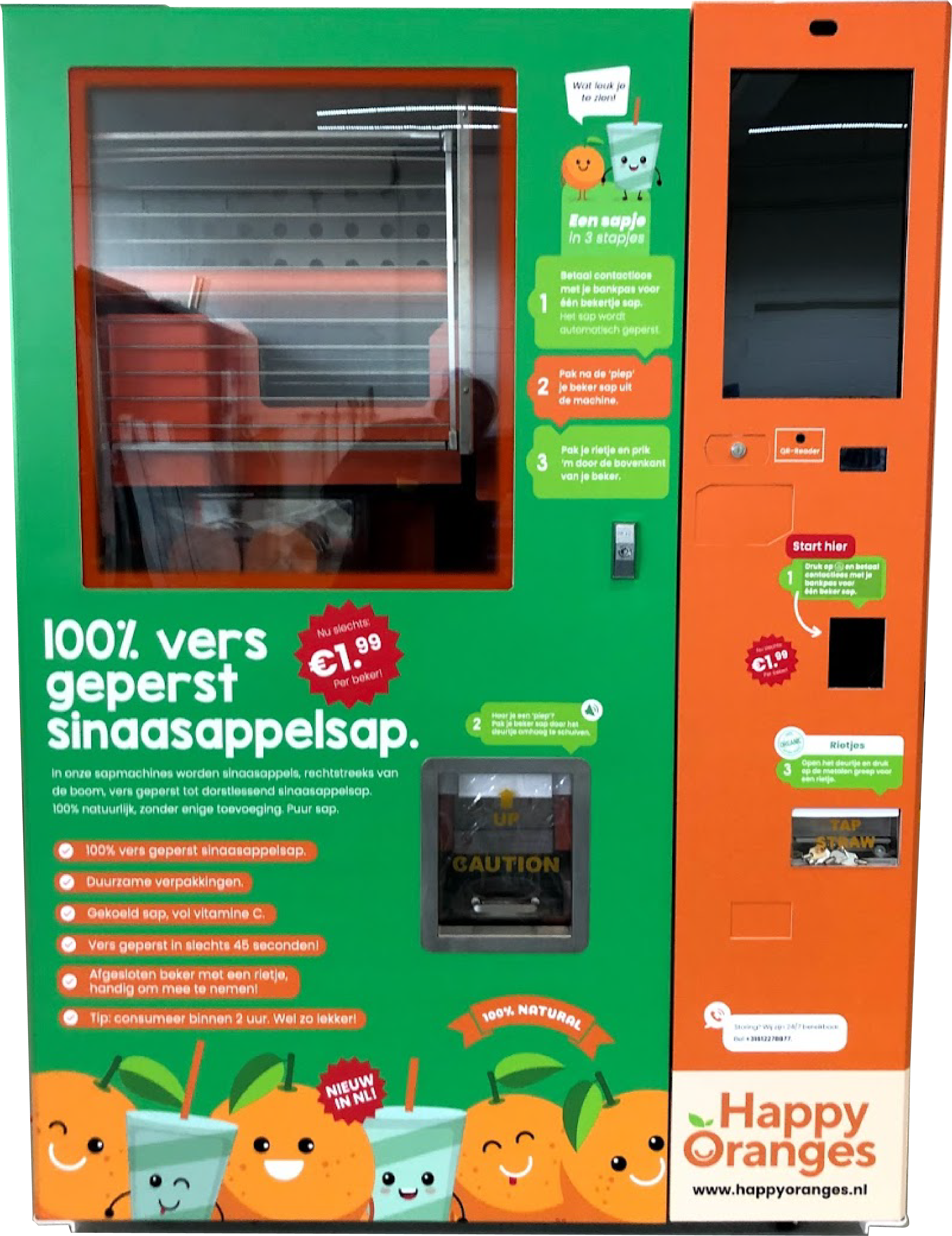 Automaat van Happy Oranges voor vers geperst sinaasappelsap, met instructies en prijs.