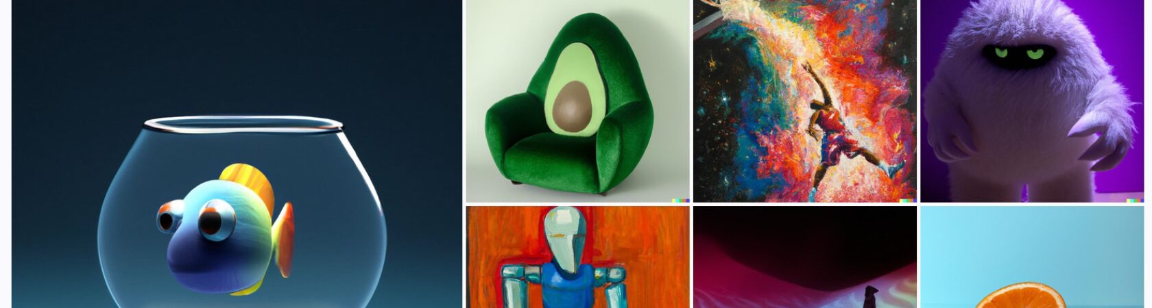 Een collage van zeven kunstzinnige afbeeldingen, waaronder een kleurrijke vis in een kom, een avocado-vormige stoel, levendige abstracte kunst en een halfgesneden sinaasappel.