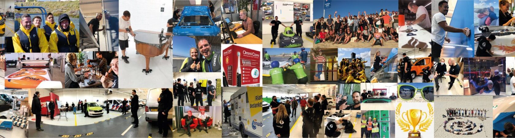 Een collage van diverse activiteiten en mensen binnen een werk- of evenementenomgeving.