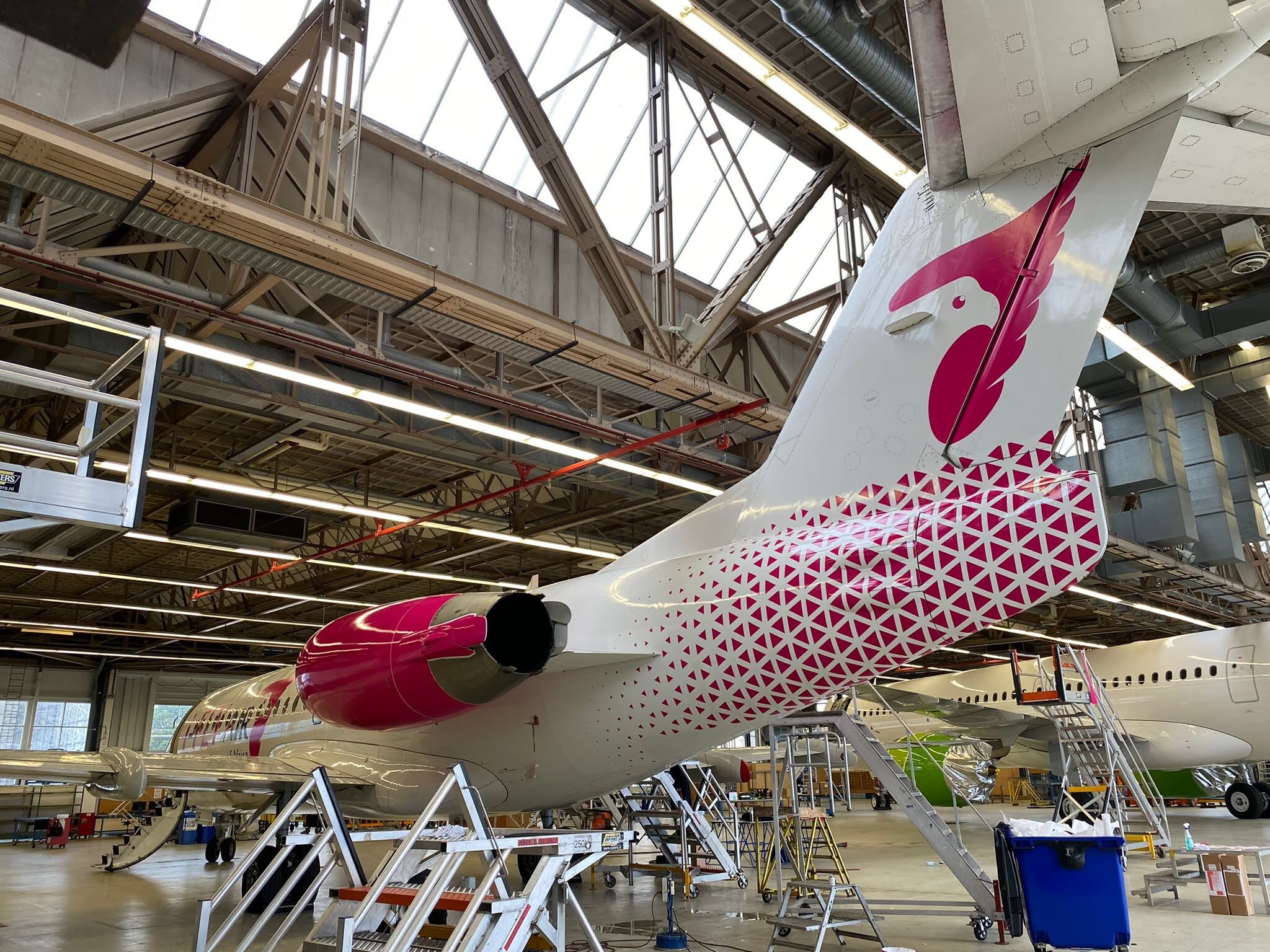 Een vliegtuig in een hangar met een roze en witte staartsectie versierd met een patroon en logo.