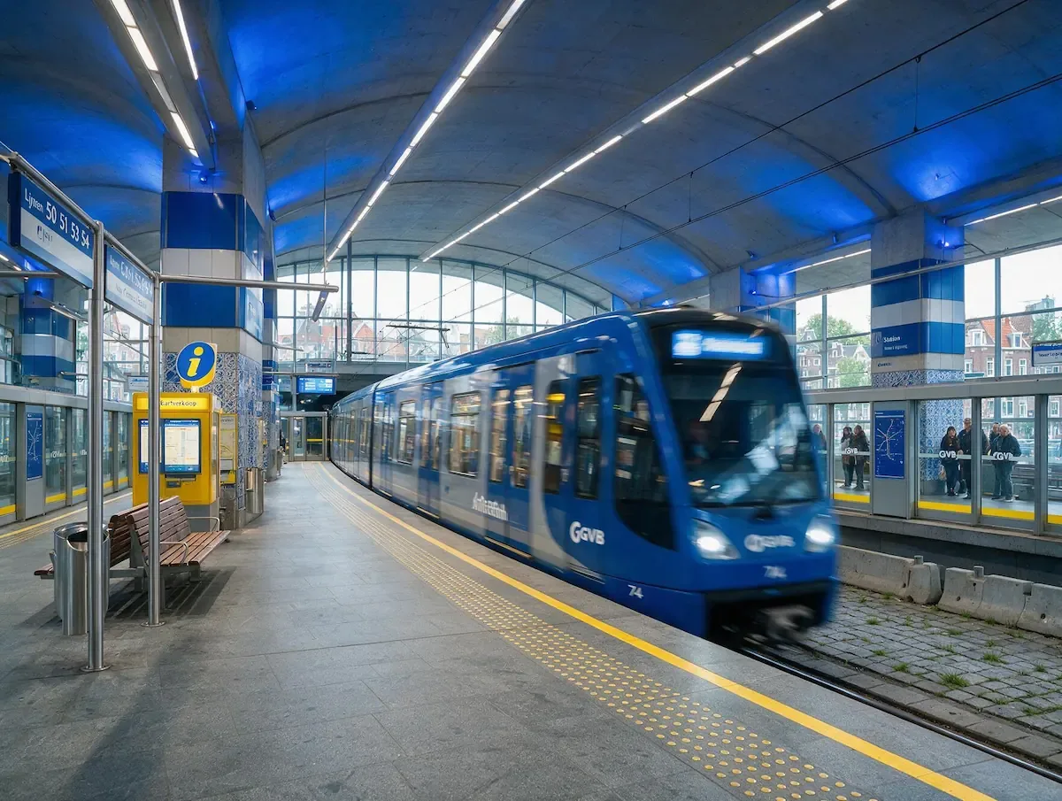 Een blauwe metro van GVB arriveert op een modern station in Amsterdam met blauwe verlichting.