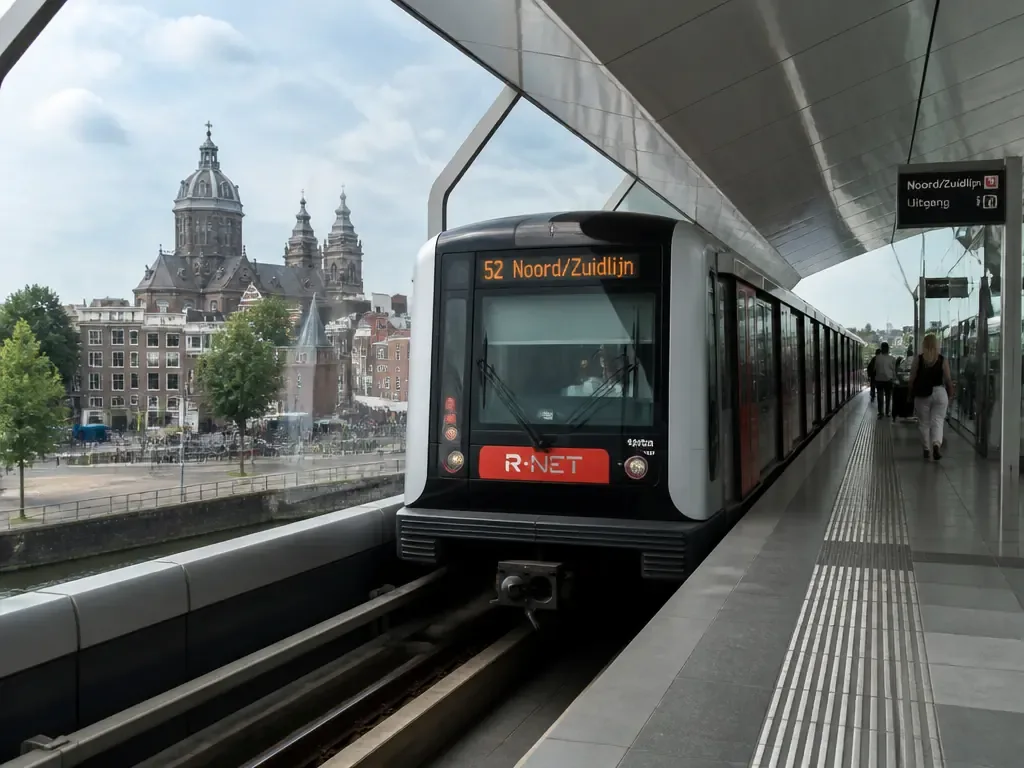 Een metro van lijn 52 Noord/Zuidlijn arriveert bij een station in Amsterdam met historische gebouwen op de achtergrond.