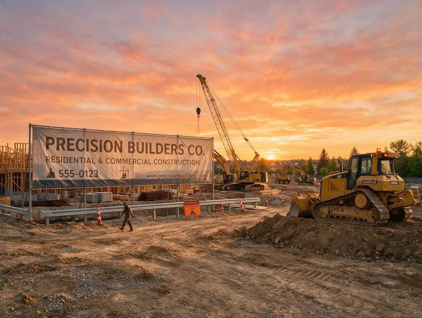 Bouwplaats bij zonsondergang met grote machines en een bord van Precision Builders Co.