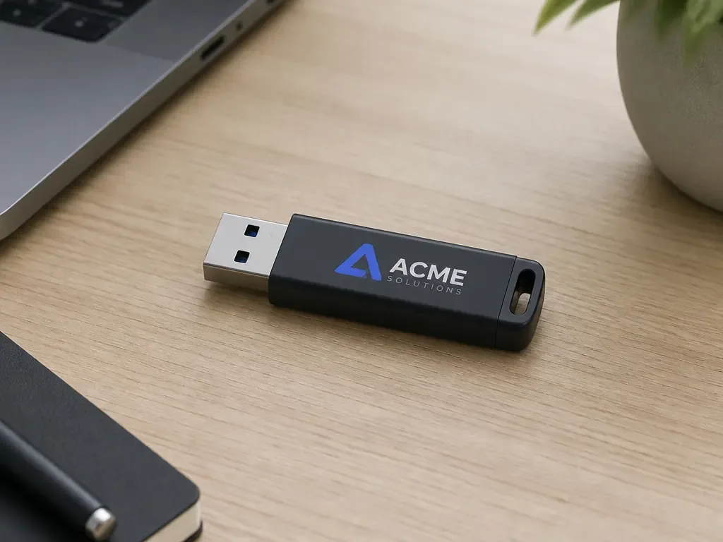 Een zwarte USB-stick met het logo van ACME Solutions ligt op een houten bureau naast een laptop.