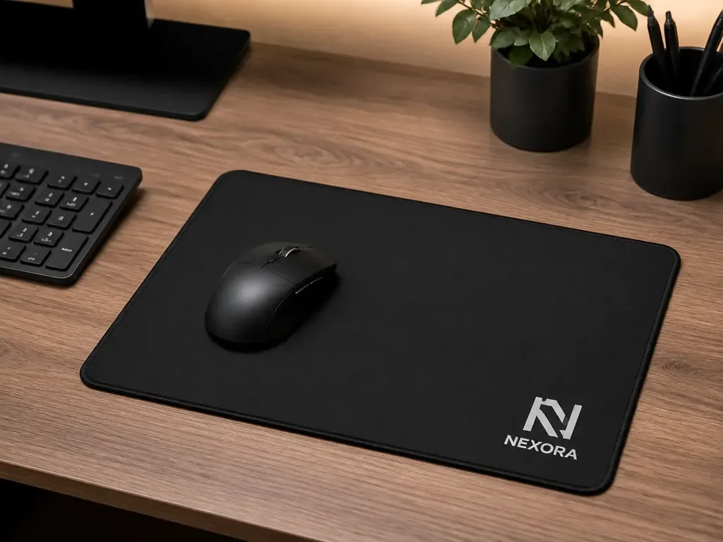 Een strak zwart muismatje van Nexora met een zwarte muis er bovenop, op een net bureau.