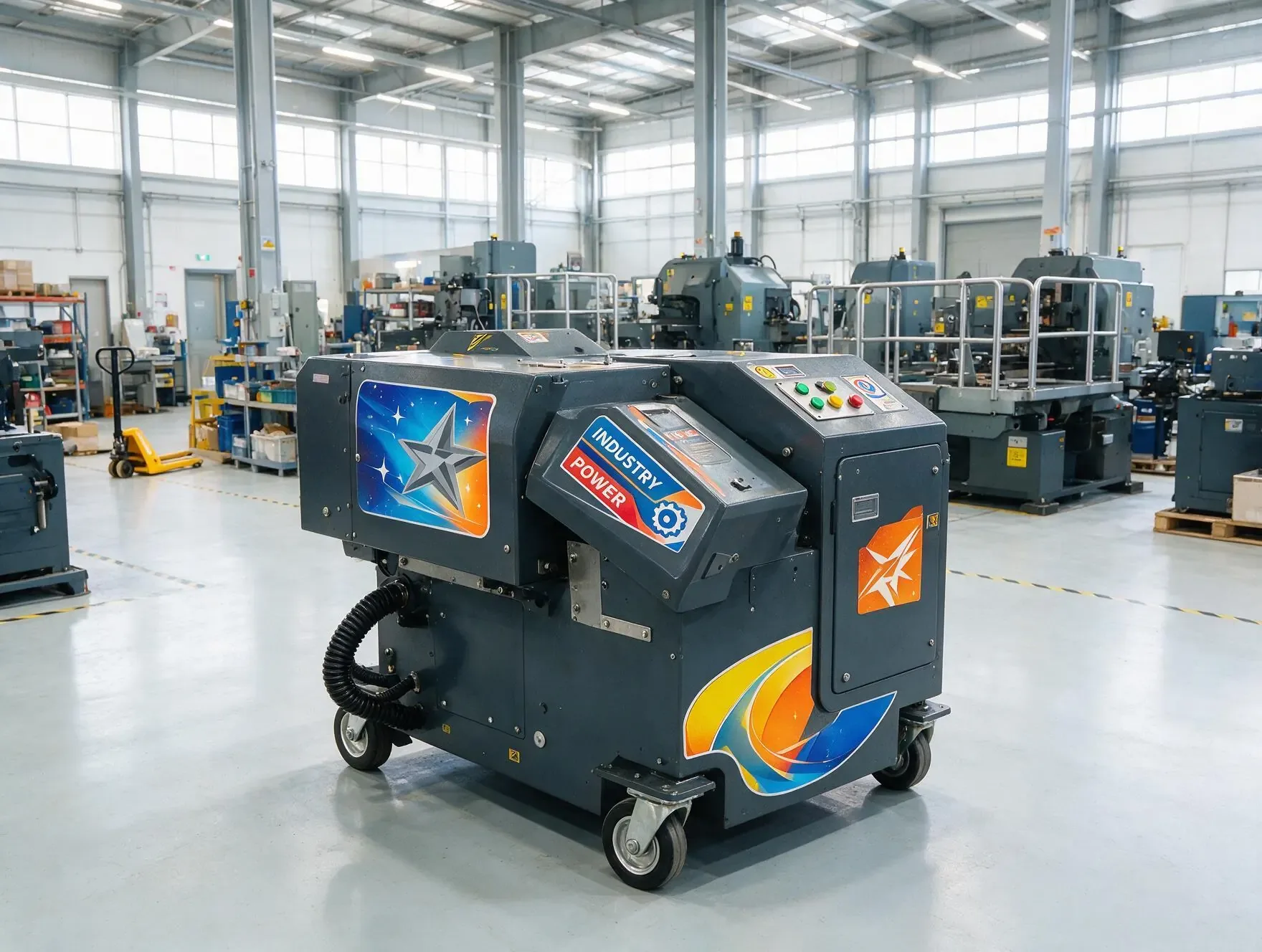 Een industriële machine in een fabriek met kleurrijke bestickering.