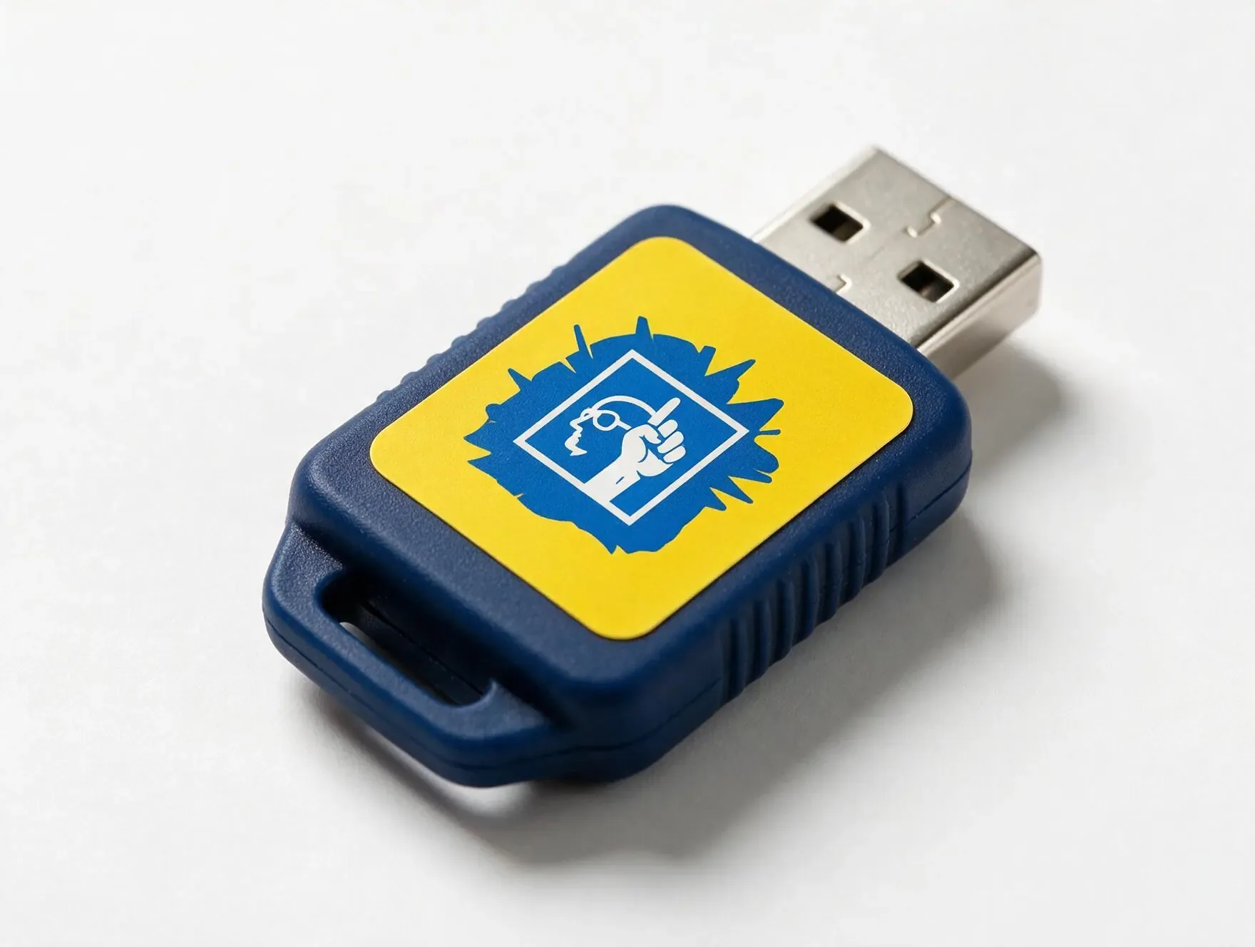 Een blauwe USB-stick met een geel label en een illustratie van een hand op een knop.
