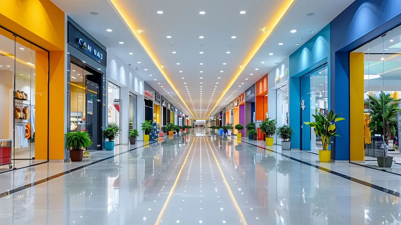 Een brede, moderne winkelpassage met kleurrijke gevels en glazen etalages in een winkelcentrum.