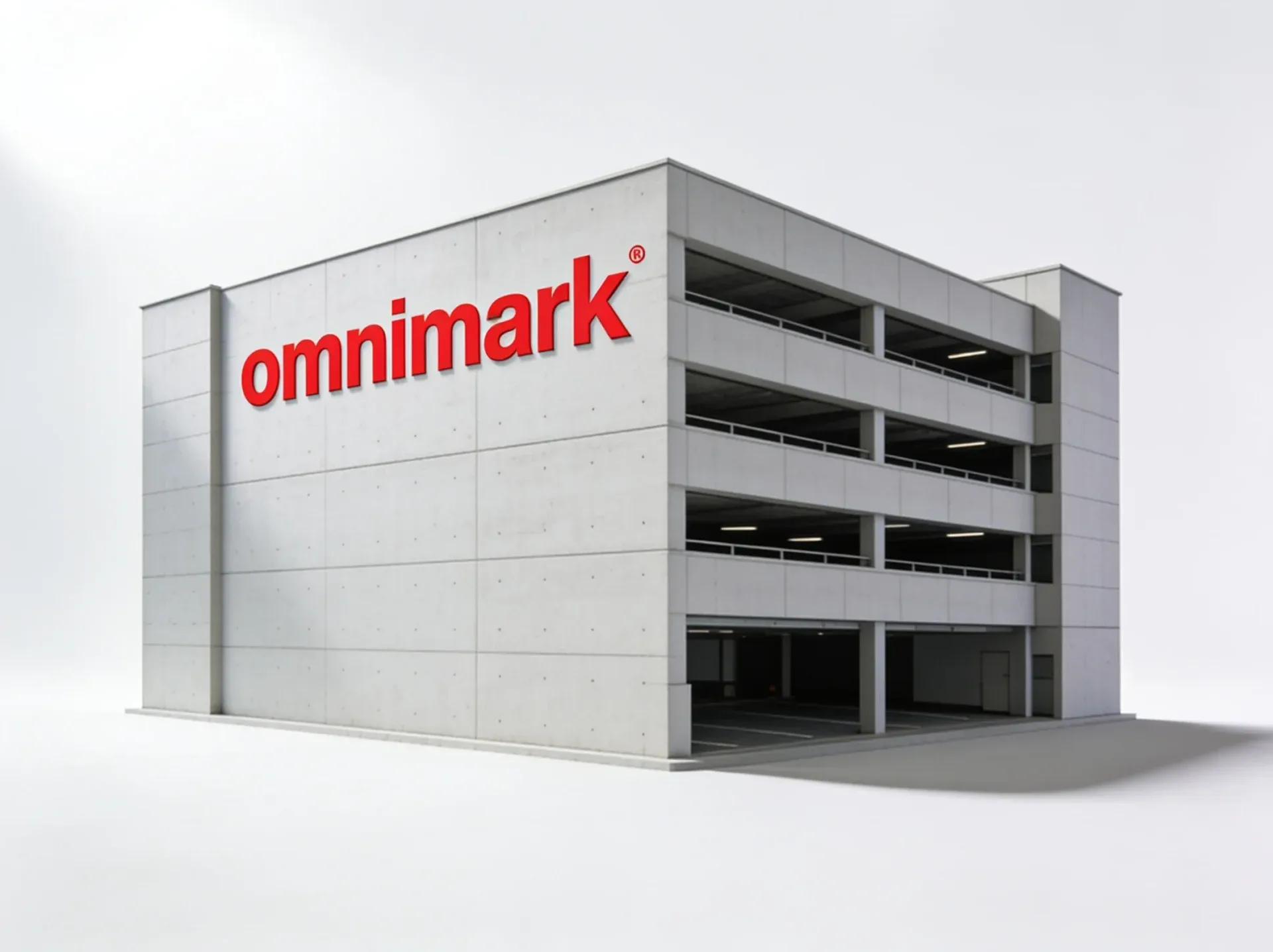 Een moderne parkeergarage met het opschrift 