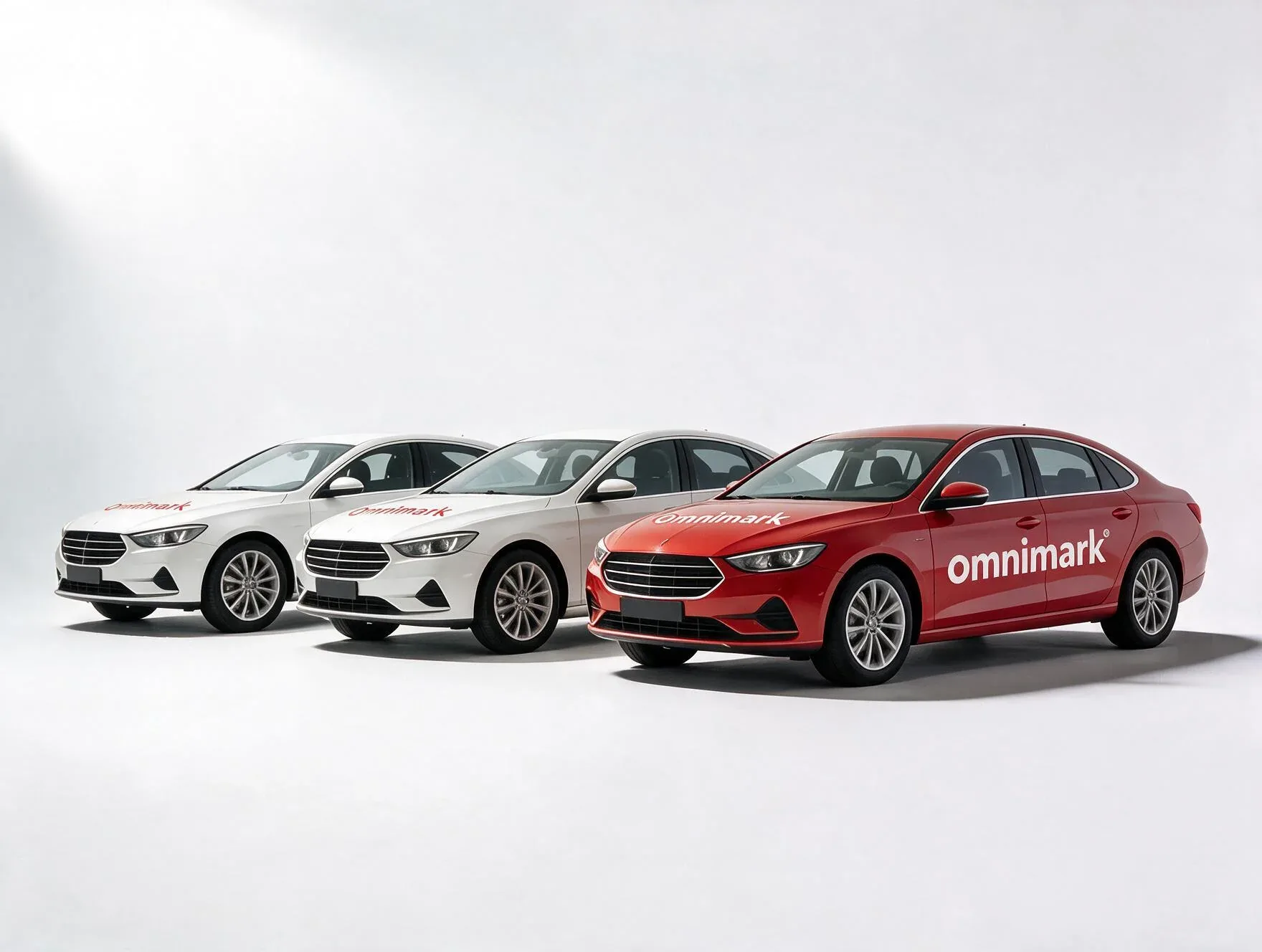 Drie personenwagens met het Omnimark-logo, in een studio-opstelling.