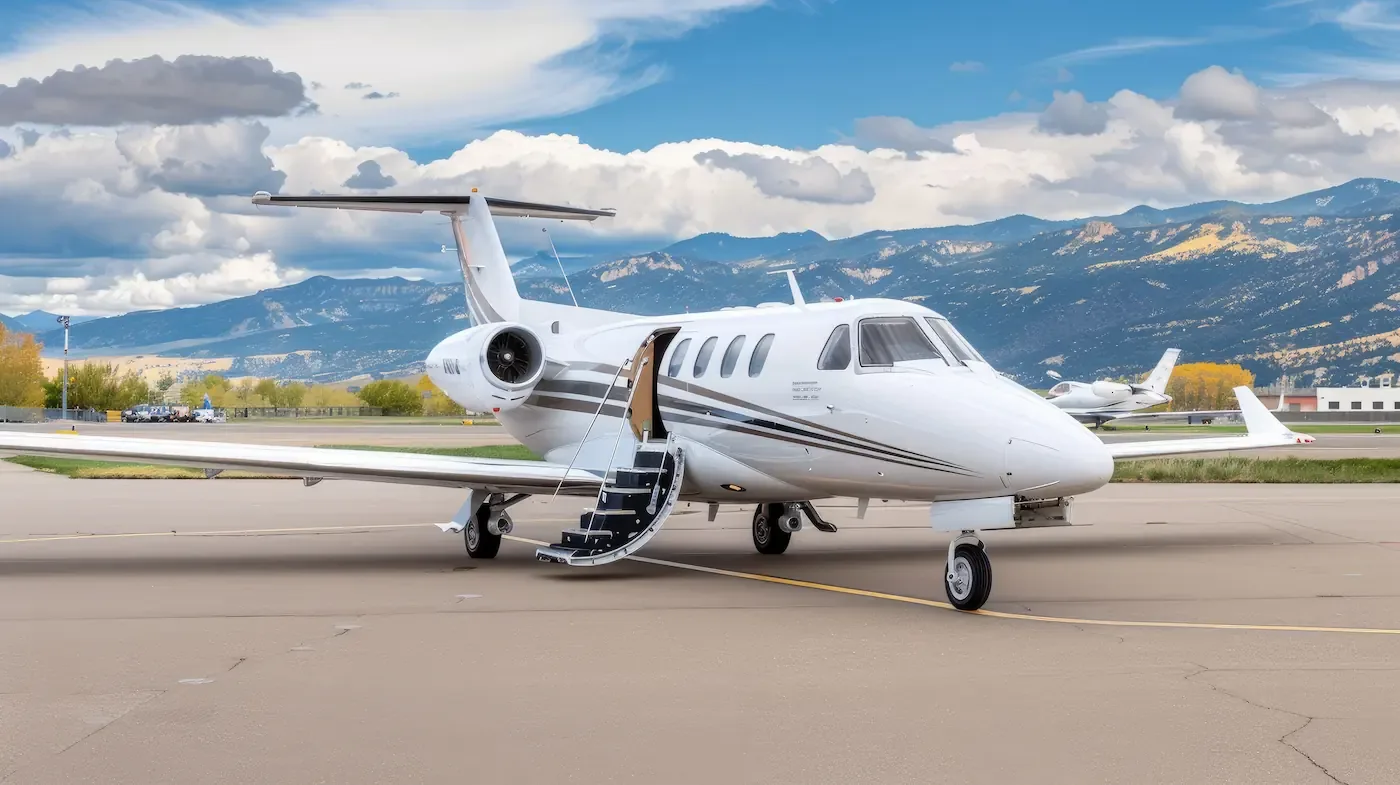 Een privéjet op een besneeuwde landingsbaan met besneeuwde bergen op de achtergrond.