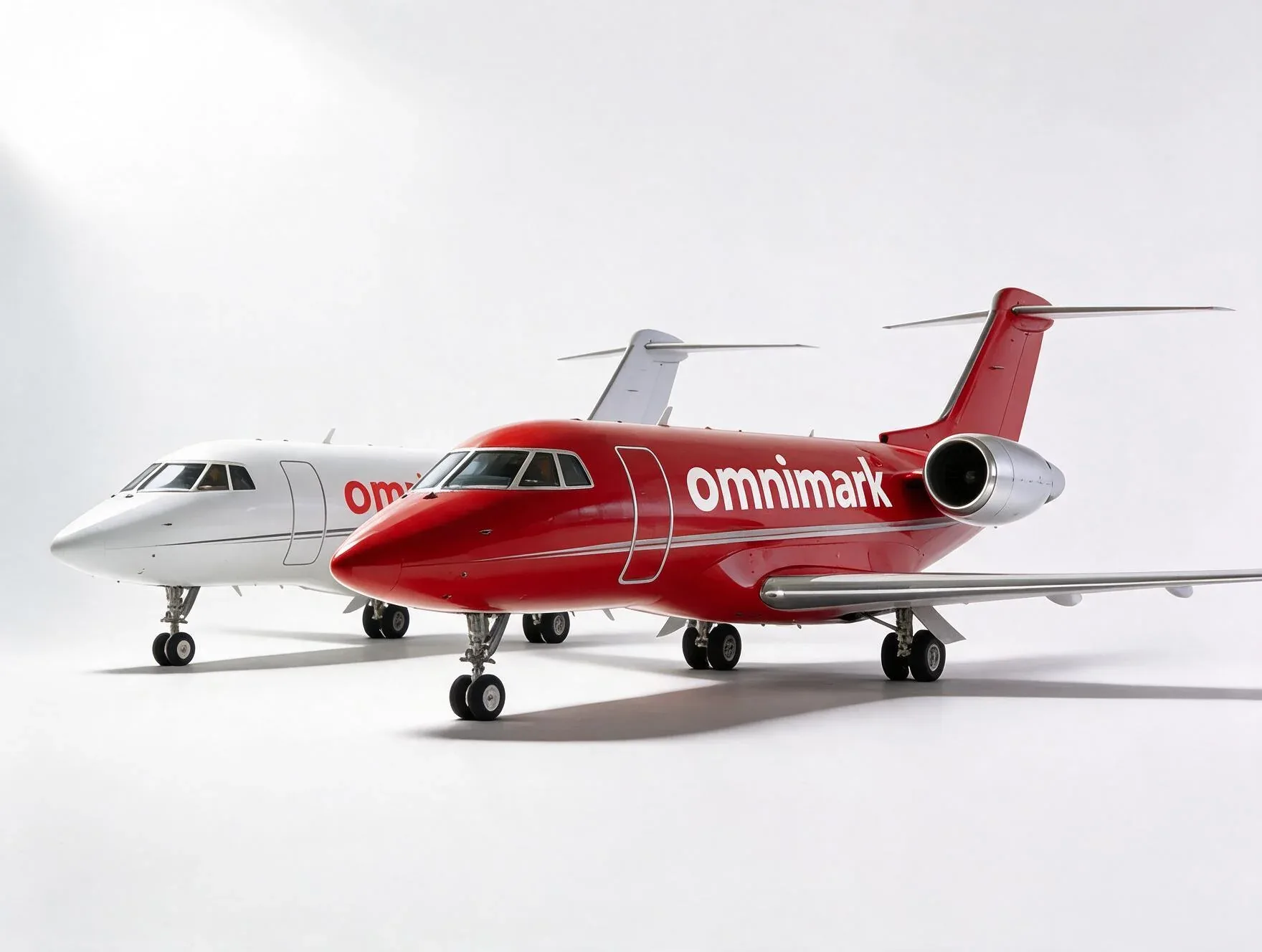 Twee privéjets, een rode en een witte, met 