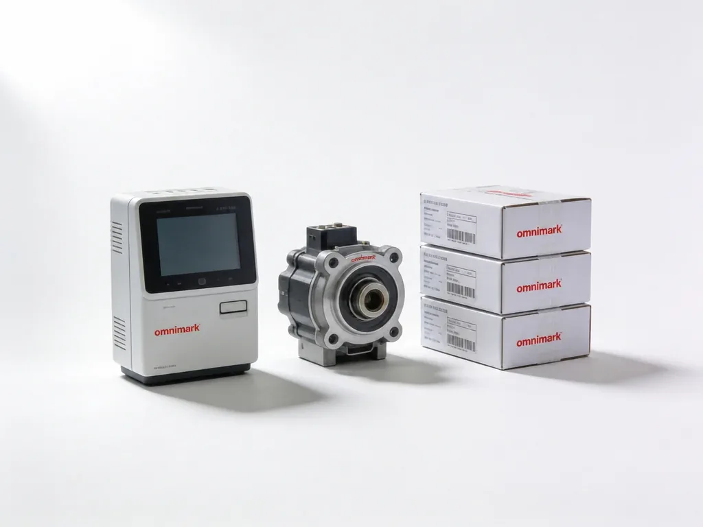 Een elektronische printer, een mechanisch onderdeel en drie witte dozen met het logo 