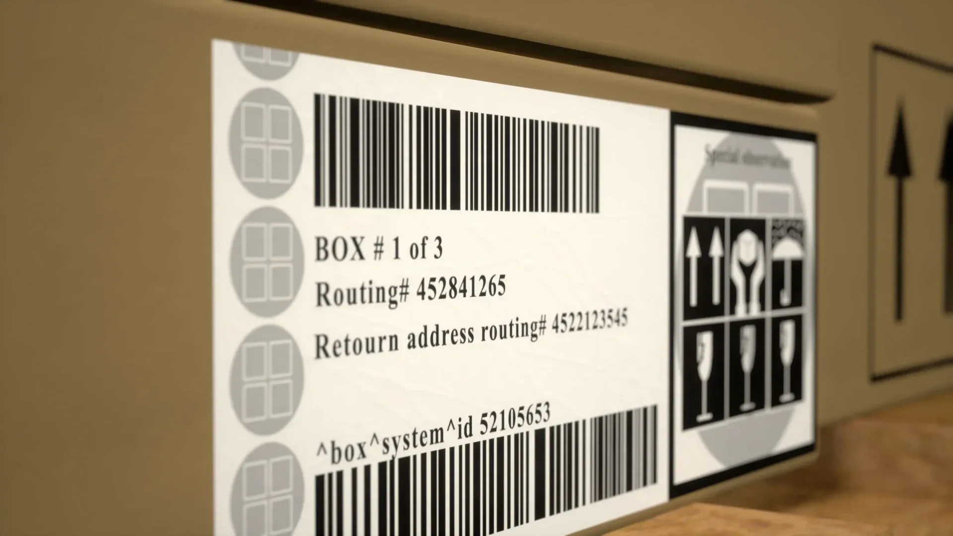 Etiket met streepjescode en logistieke informatie op een pakket in een magazijn.