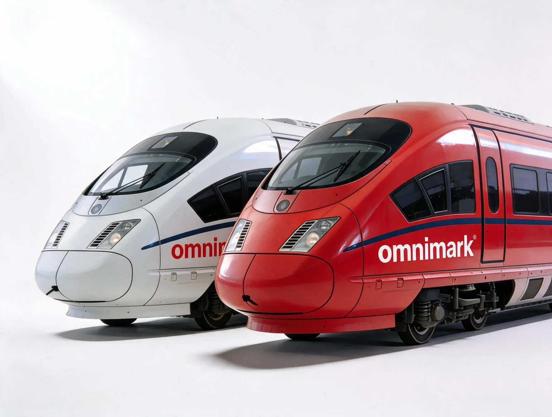 Twee moderne hogesnelheidstreinen van het merk Omnimark, één wit en één rood, naast elkaar.